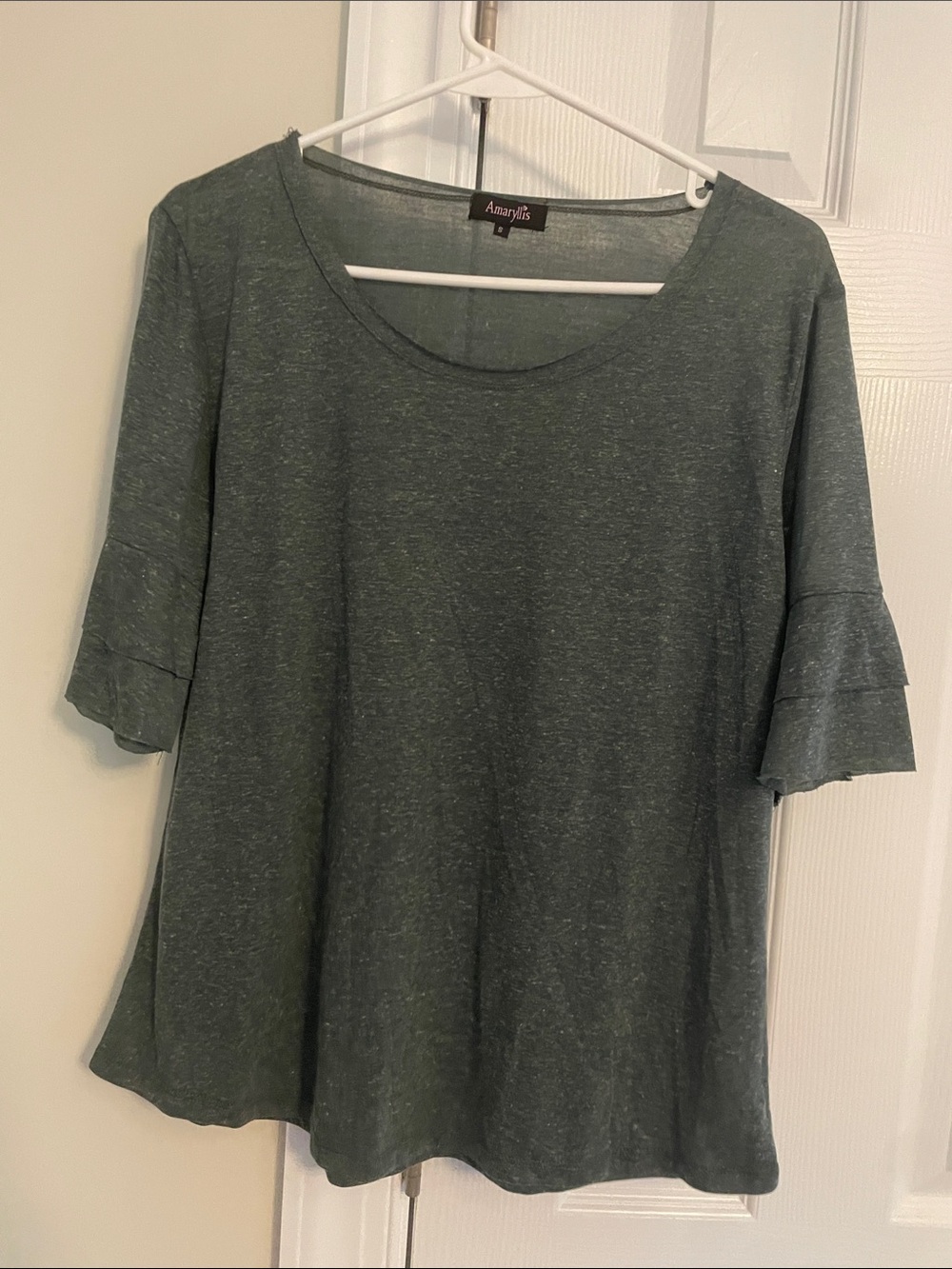 Amaryllis Heathered Sage Scoop Neck Ruffle Sleeve Tee